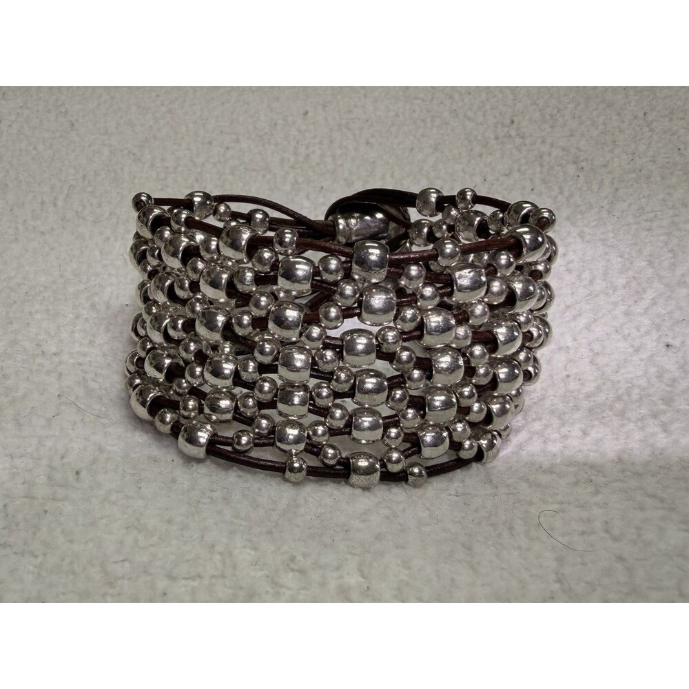 Boho Artisan Multi Strand Silver Plated Beaded Leather Cuff Bracelet Large 7.5"